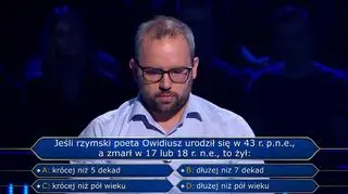 "Milionerzy", odc. 783. Ile lat żył Owidiusz? Marcin obliczył to bez trudu